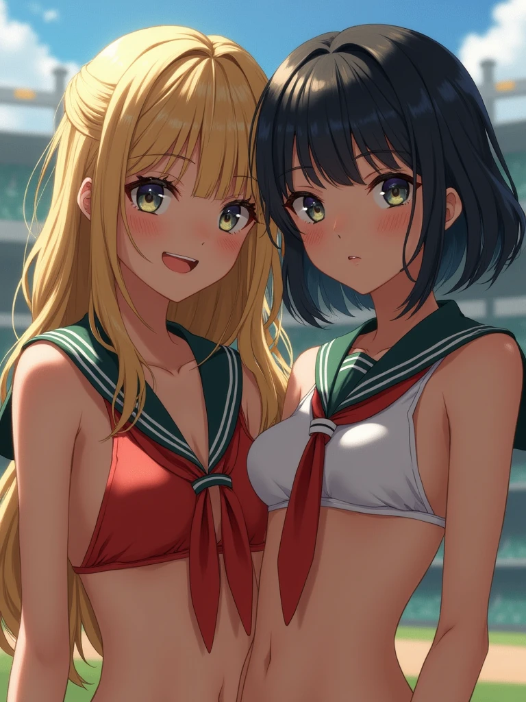 nsfw, (2 girl:1.5), masterpiece, best quality, 8K, high res, highly detailed girl, highly detailed beautiful face, beautiful eyes,beautiful skin, dutch angle, outdoor, girl on the left(kirino kousaka:1.3), girl on the right(ayaka aragaki:1.3), smile, navel, medium breasts, bottomless, white string panties, school uniform, serafuku, white shirt, hand on hip, outdoor