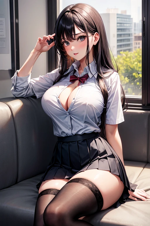 A 30-year-old beautiful woman wears a school uniform, a pleated short skirt, big breasts, and slightly unbuttoned black stockings.