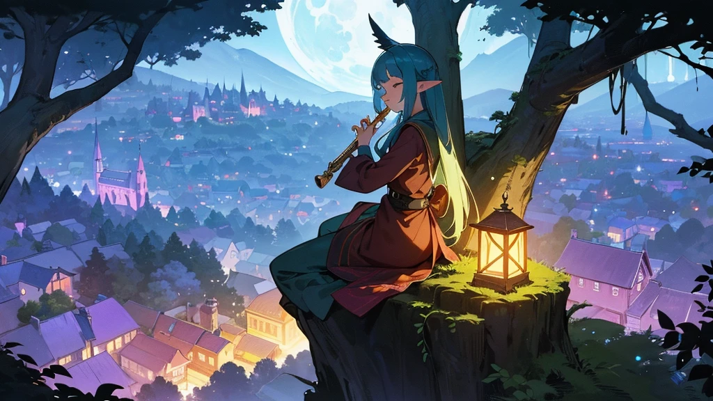 (((From diagonally left behind))), solo, Anime Elf girl playing flute while sitting gracefully on a tree branch ,magical atmosphere, panoramic fantasy night landscape,  town in the forest can be seen, with charming houses, winding streets illuminated by moonlight, closed eyes, she wear long witch outfit