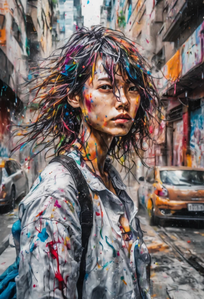 8k,masterpiece,Splash Art,Colorful splashes,face focus,messy hair,unkempt hair,woman,(womanは黒と白で描く),Street Graffiti,