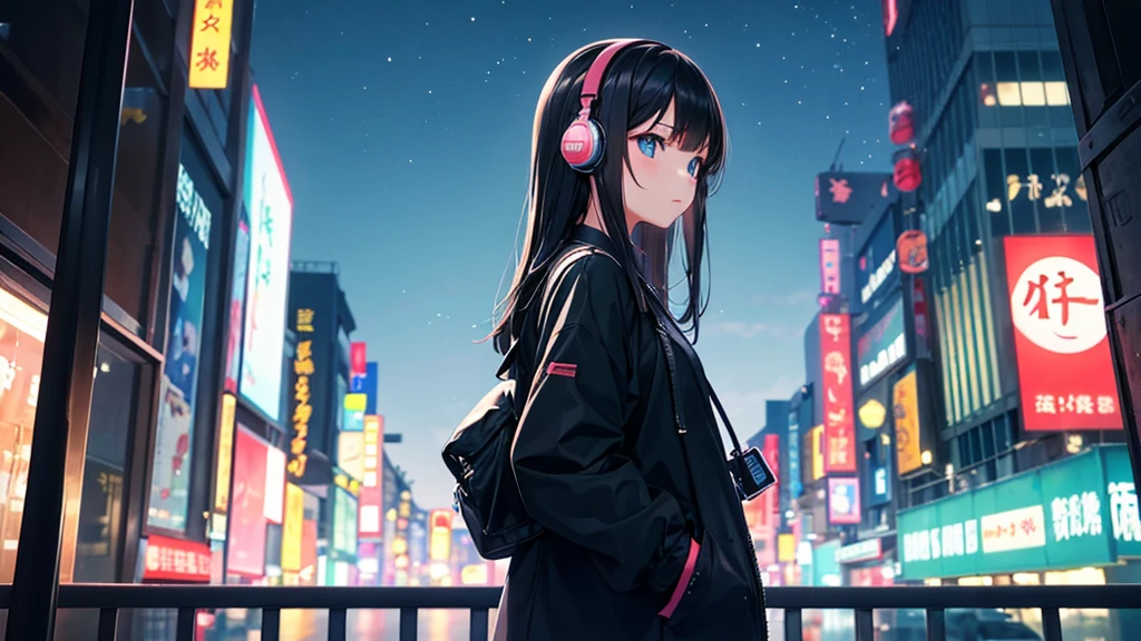 Traveling Inside the Zoo。A young girl with black hair wearing stylish clothes and headphones labeled "Lo-Fi" The girl is shown in profile, gazing into the distance with a calm, relaxed expression Background depicts the iconic scenery of Namba, Osaka at night, without any text on signs A starry night sky adding to the peaceful atmosphere Overall mood is quiet and serene, perfect for Lo-Fi music Detailed hair rendering and careful attention to the girl's fashionable outfit The entire scene should evoke a relaxing, introspective feeling associated with Lo-Fi music