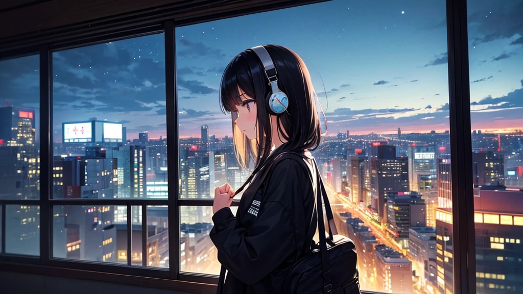 Traveling Inside the Zoo。A young girl with black hair wearing stylish clothes and headphones labeled "Lo-Fi" The girl is shown in profile, gazing into the distance with a calm, relaxed expression Background depicts the iconic scenery of Namba, Osaka at night, without any text on signs A starry night sky adding to the peaceful atmosphere Overall mood is quiet and serene, perfect for Lo-Fi music Detailed hair rendering and careful attention to the girl's fashionable outfit The entire scene should evoke a relaxing, introspective feeling associated with Lo-Fi music