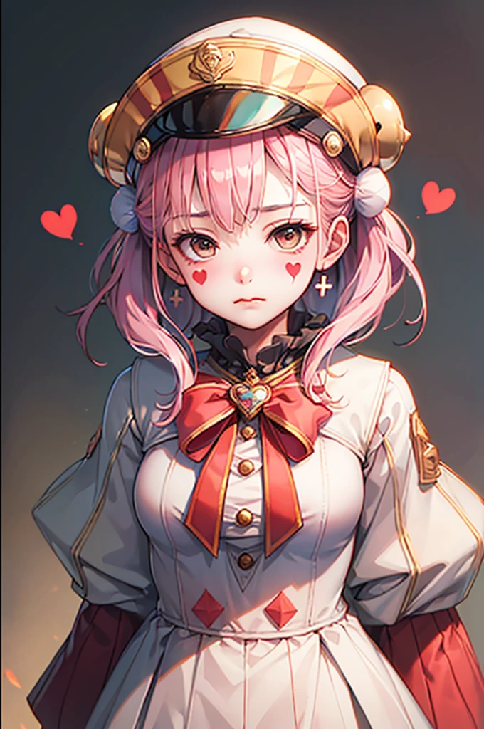 Hmph,Hmph,8k, Highest quality, Tabletop, Very detailed, Golden Hour Lighting, Physically Based Rendering, One Girl, alone,
clown. Trump,colorful, (((clownの帽子))), Flower garden,Lots of flowers,clownの衣装, gloves, Heart drawn on the face, ((masterpiece))、(((Highest quality)))、((Super detailed))、((An illustration))、Attention to detail、Very detailed CG unity 8k、High resolution、美しいAttention to detail目、Attention to detail、美しいAttention to detail目,She is yellow、Purple stripes on the body, Painting his face white, Pink cross-eyed and orange mouth. She has two pink stars painted on her cheeks, Wearing a blue and red jester's hat with bells, Pink Eyes,(((Pink long hair))),(Happy), smile,cute,music, ((Notes floating around her🎶:1.2)) sing,White Face, Wavy Hair, Hair Bun,
(Upper Body) whole body,