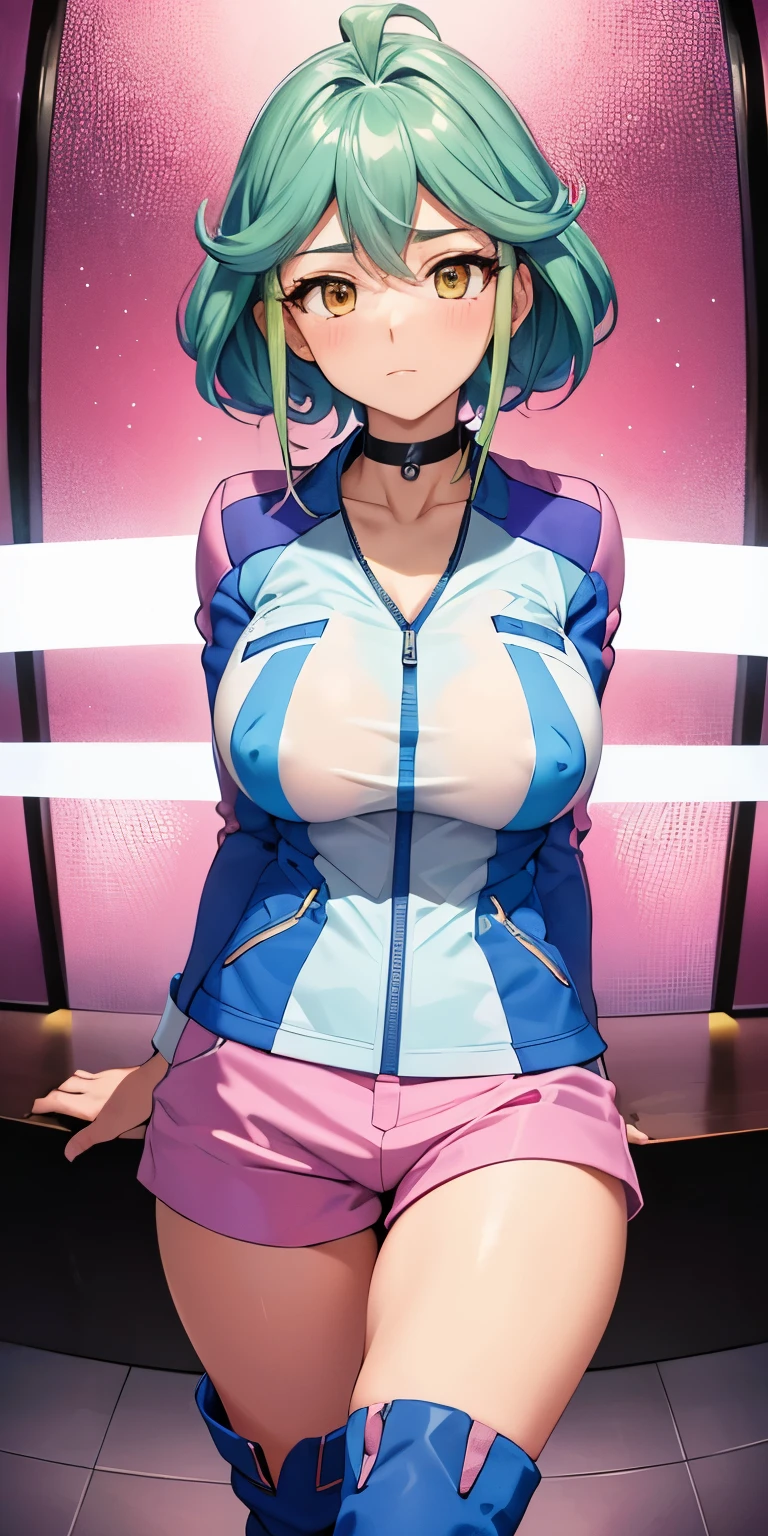 1 Female,High definition,high resolution,Ultra-realistic,8K, rin_arc_v,blue jacket,long sleeves,black choker,pink shorts,white thighs boots, multicolored hair,yellow eyes,European,sexy,Upper body close-up,Photographed from the front,Dynamic Angles,private teacher,blush, huge tits, nipples ,show , pretty ,(pov , closed shot:1.3)