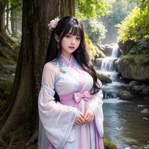 best quality, Delicate face,beautiful visual work, lifelike, eternity, black hair, Long curly hair, blunt bangs, Smile, Detailed Background, Delicate face,blush,cold,((masterpiece))、(top quality)、8k、high detail、Super detailed,21 years old female,身穿唐制Hanfu、waist skirt, Clothes are light and fluffy,Hanfu, wide sleeves, Transparent sleeves, Tunic, Clothes made of chiffon, Seductive and whimsical style、masterpiece、born、Scenes resembling fairy tale illustrations、intricate details和複雜的設計、Beautifully、magic、capricious、 Beautifully、Dream aesthetics、「𝓡𝓸𝓶𝓪𝓷𝓽𝓲𝓬、ethereal、charming、fickle、magic」、realism、Visual effects、FXAA、SSAO、Shader、voiceless、ambient lighting、Tone mapping、High resolution、Ultra high quality、Million pixels、(8K resolution:1.10)、8k、8k以下、8K resolution、high detail、intricate details, (high quality:1.2、masterpiece:1.2、:1.21)、(21 years old female:1.21)、(興奮地Smile)、(被dream般的氛圍所包圍、Model diagram,full-body shot,Normal 2 feet,Put your hands behind you,The protrusion of the breast is visible when wearing clothes, Large Breasts, H cup chest, antiquity, Xian Xia, gauze clothes, Soft and fluttering, Fairy, dream, fantasy, light, Elegant, nature, Immortal, romantic, classical, ribbon, light purple clothes, By the stream