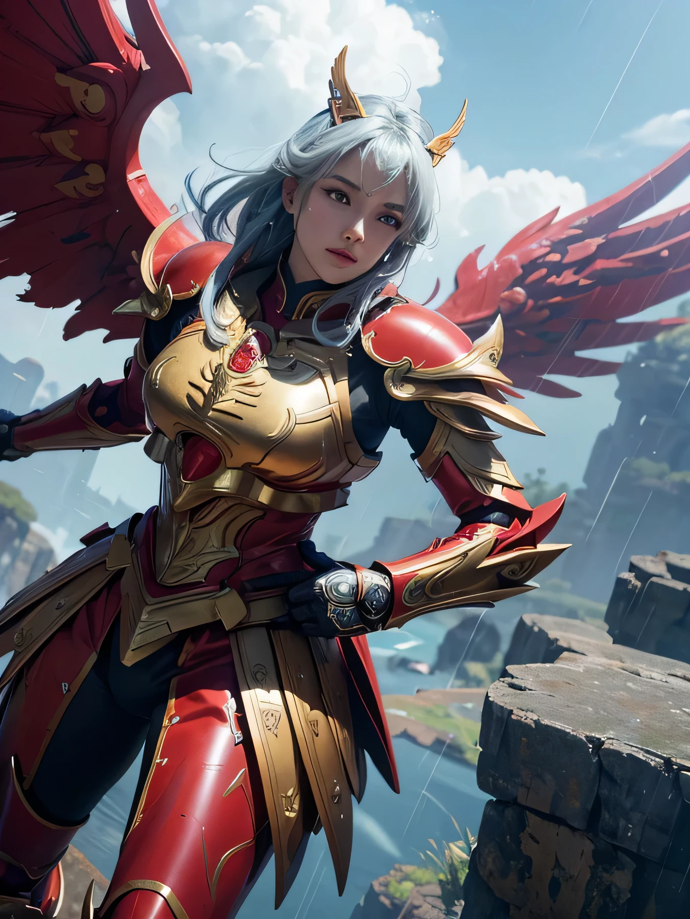 close up of robot with wings on surface, prajurit phoenix, saint seiya unreal engine rendering, phoenix solarpunk, white and red armor, detailed cosmic angel robot, a flying scarlet phoenix, glowing mecha armor, ancient dragon armor yang rumit, ancient dragon armor, intricate white and gold armor, mecha wings, high fantasy kamen rider, god king art ai, Holding the Pancasila Shield in his left hand and a long, ancient, fiery red Keris, perpfect detail. hyper realistic, 4k, ALREADY. ultra detail, Hyper maximalism, fantasy, Badass, very detail, lightning and rain,
