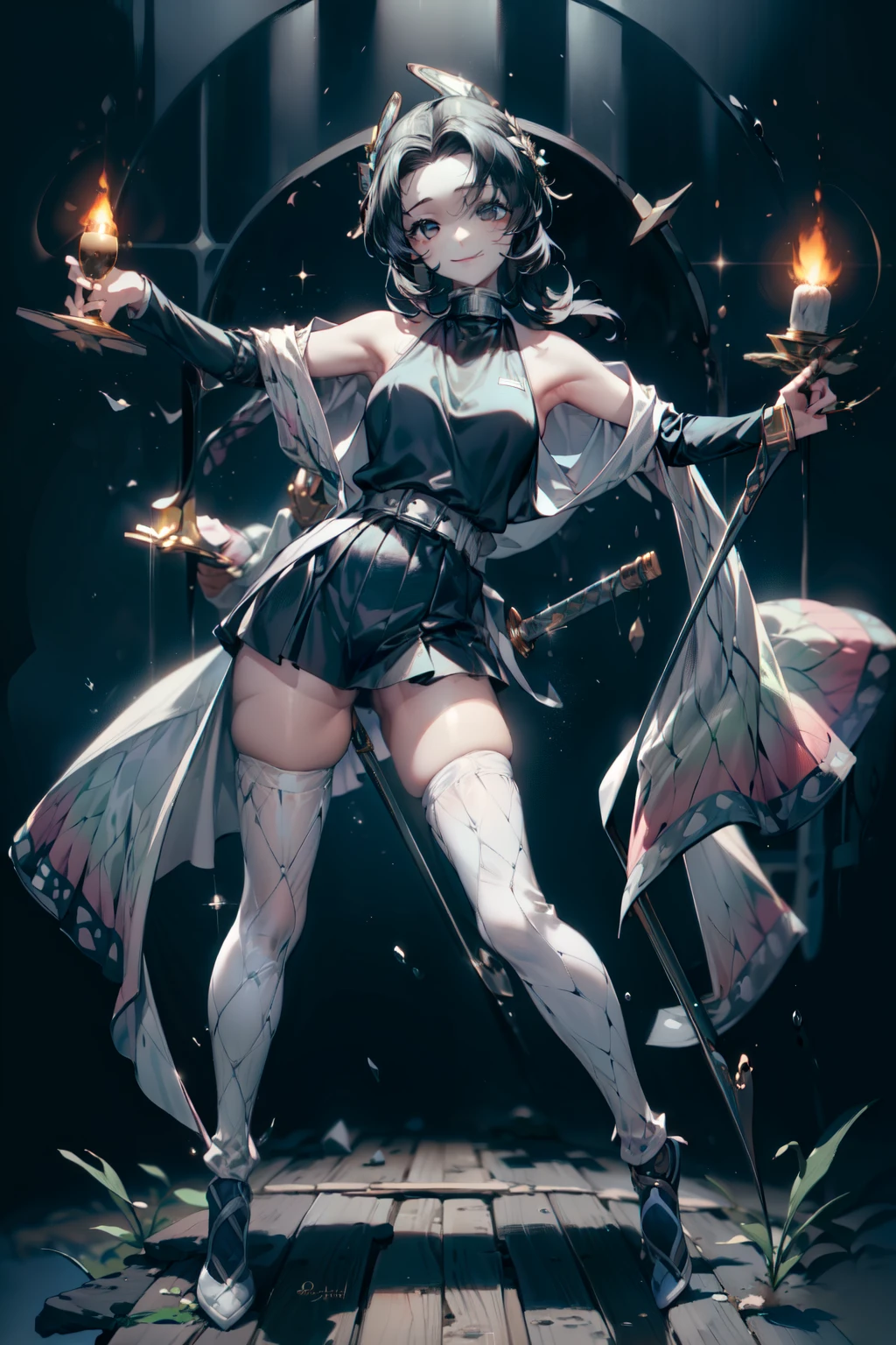 (masterpiece, best quality:1.2), perfect eyes, perfect face, ultra detailed face , strong make up, highres, 1 girl, solo, make up, (female:1.5),satin, white anciente greek clothes, sleeveless turtleneck, bracer, evil smile, standing, portrait, looking at viewer, giant sword on the back, long leather boots, fullbody shot