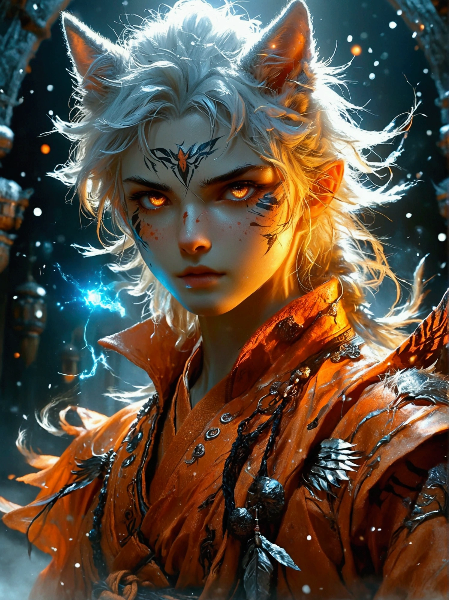 A fairy-tale character inspired by a blend of two unique entities. First is a wolf-like creature, seeming ominous and enigmatic, with sharp claws, a thick fur coat, and piercing eyes. The second is a powerful warrior known for his spiky hair and incredible strength. The warrior wears an orange martial arts uniform and has a glowing aura around him denoting his massive energy.