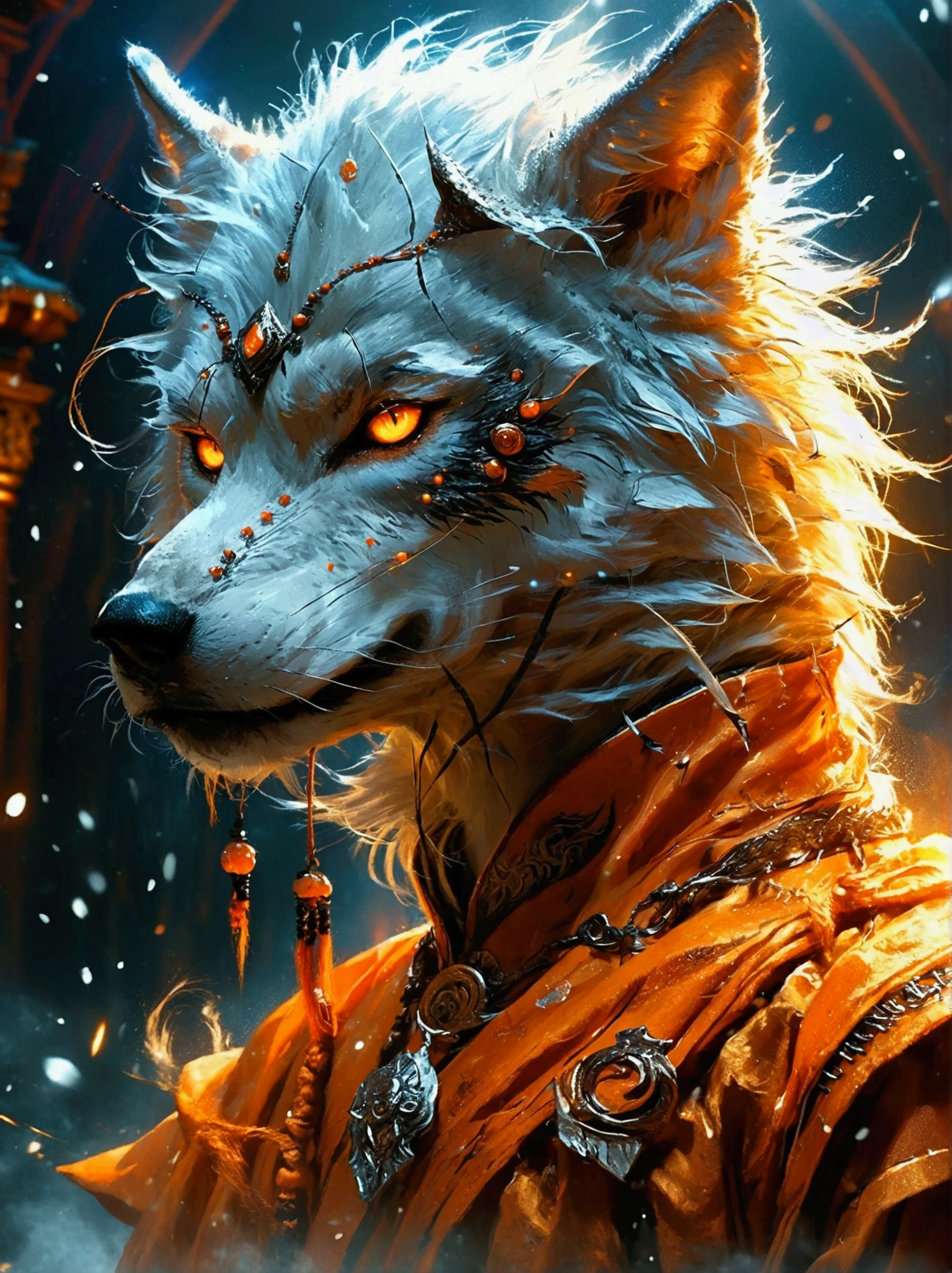 A fairy-tale character inspired by a blend of two unique entities. First is a wolf-like creature, seeming ominous and enigmatic, with sharp claws, a thick fur coat, and piercing eyes. The second is a powerful warrior known for his spiky hair and incredible strength. The warrior wears an orange martial arts uniform and has a glowing aura around him denoting his massive energy.