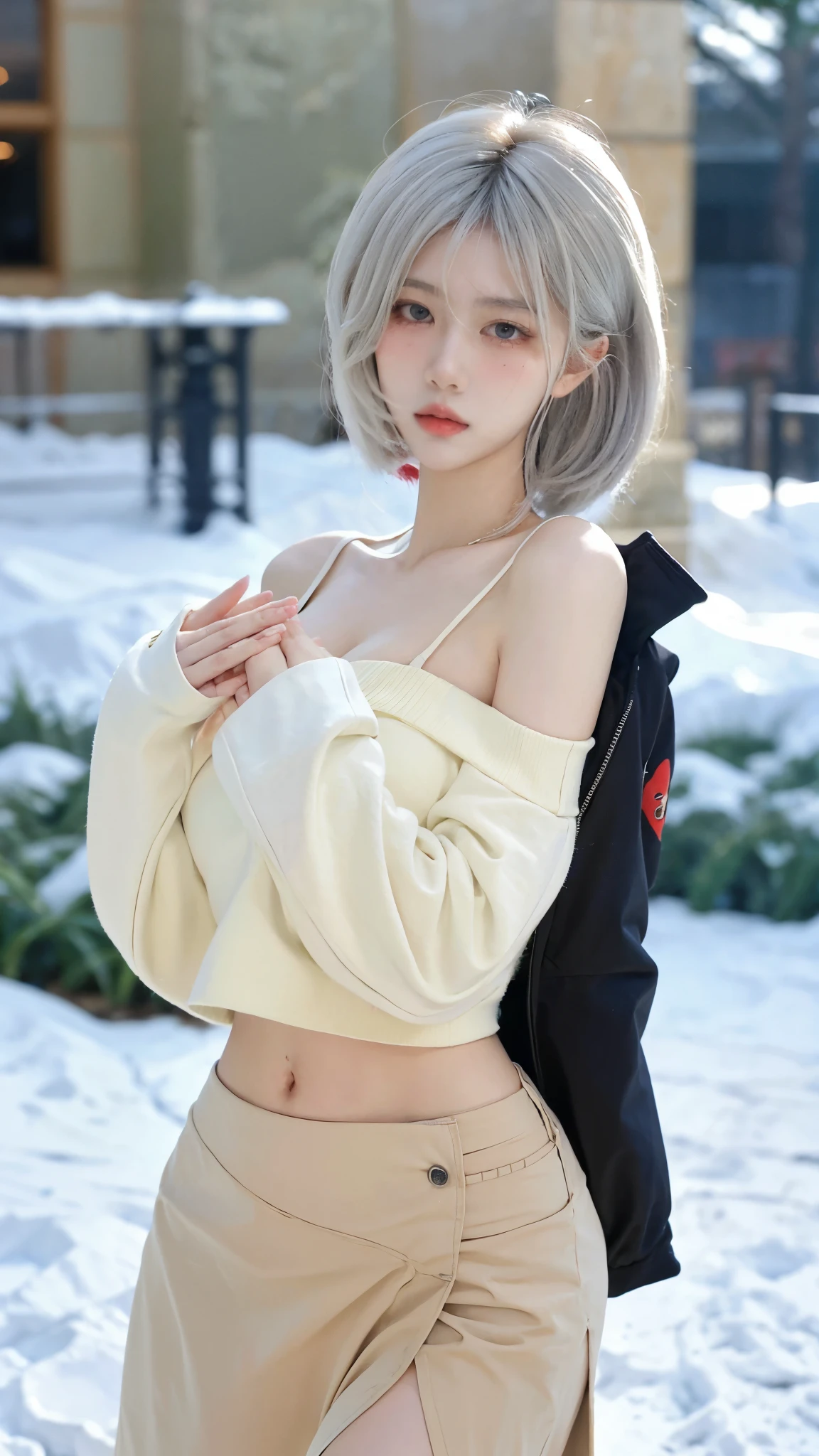 Beautiful woman with perfect figure:1.4、snow、wear glasses，Touching butt with both hands、snow背景、Layered Hairstyle、Fair skin、Cleavage highlights、Pleated Skirt、whole body、The face and skin texture are very fine.、black，Double eyelids、Skin Whitening、White hair