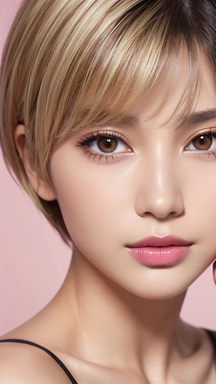 High resolution portrait of a woman in her mid twenties featured in a fashion magazine。Symmetrical, heart-shaped facial features、Have clear, smooth skin and a radiant complexion。The facial features are well defined、High cheekbones、Straight nose、Characterized by plump lips。The eyes are large and expressive、have perfectly groomed eyebrows。((Her hair is a shaggy pixie cut、Has a soft texture around the face))。The makeup is elegant yet sophisticated.、Full coverage foundation、Rose pink blush、Sharp contouring、smokey eye shadow、Gold highlights、Uses deep red lipstick。The background is simple and elegant.、The focus is on her face.。The lighting is soft and inviting、Enhance her features、It gives a glamorous impression。