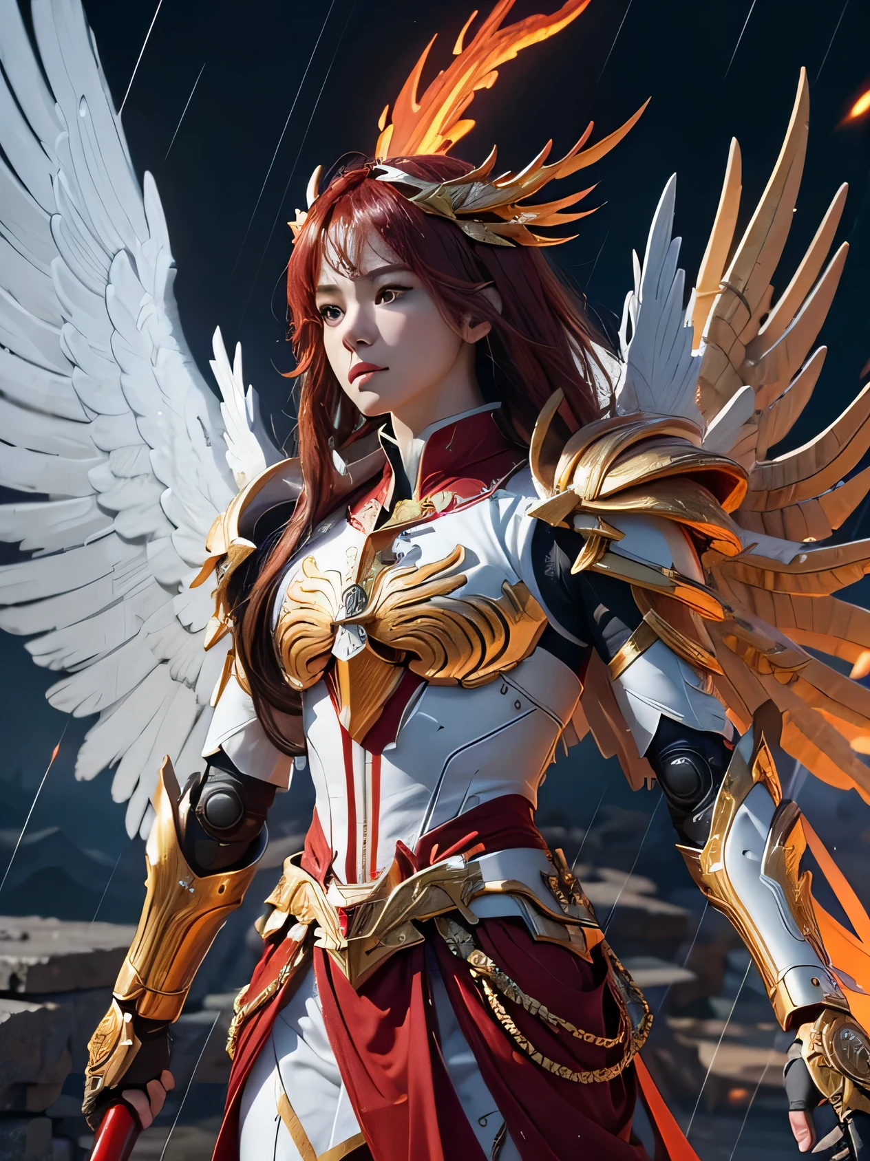 close up of robot with wings on surface, prajurit phoenix, saint seiya unreal engine rendering, phoenix solarpunk, white and red armor, detailed cosmic angel robot, a flying scarlet phoenix, glowing mecha armor, ancient dragon armor yang rumit, ancient dragon armor, intricate white and gold armor, mecha wings, high fantasy kamen rider, god king art ai, Holding the Pancasila Shield in his left hand and a long, ancient, fiery red Keris, perpfect detail. hyper realistic, 4k, ALREADY. ultra detail, Hyper maximalism, fantasy, Badass, very detail, lightning and rain,