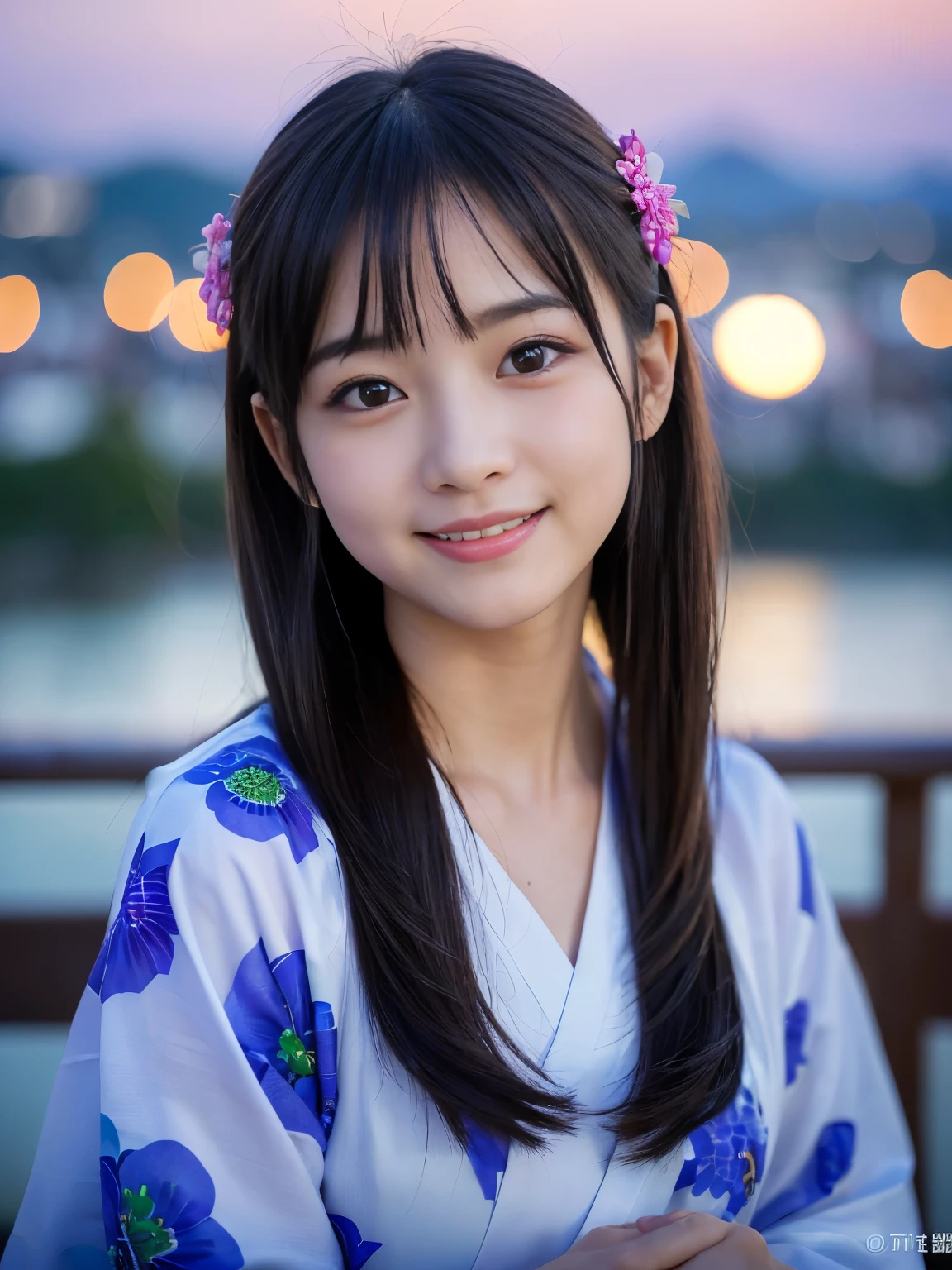 (Best-quality, Masterpiece, Ultra-High-Resolution, (Photorealistic:1.7), Raw Photo, depth of field, professional lighting, perfect anatomies, extremely details), (((Magnificent view):1.3)), (((late at night, at Japanese summer festival, beautiful night-sky, beautiful twinkle-stars, beautiful full-moon))), (1girl, the most famous 15-years-old Japanese-idol, having fun at Japanese-summer-festival), (wearing summer-kimonos), ((extremely cute and extremely realistic face like the most popular Japanese-idol), (((extremely cute and extremely big black-eyes))), extremely cute lips, extremely cute long-eyelashes, ((extremely cute and extremely realistic skins))), (((innocent smile))), (((extremely beautiful hair)))