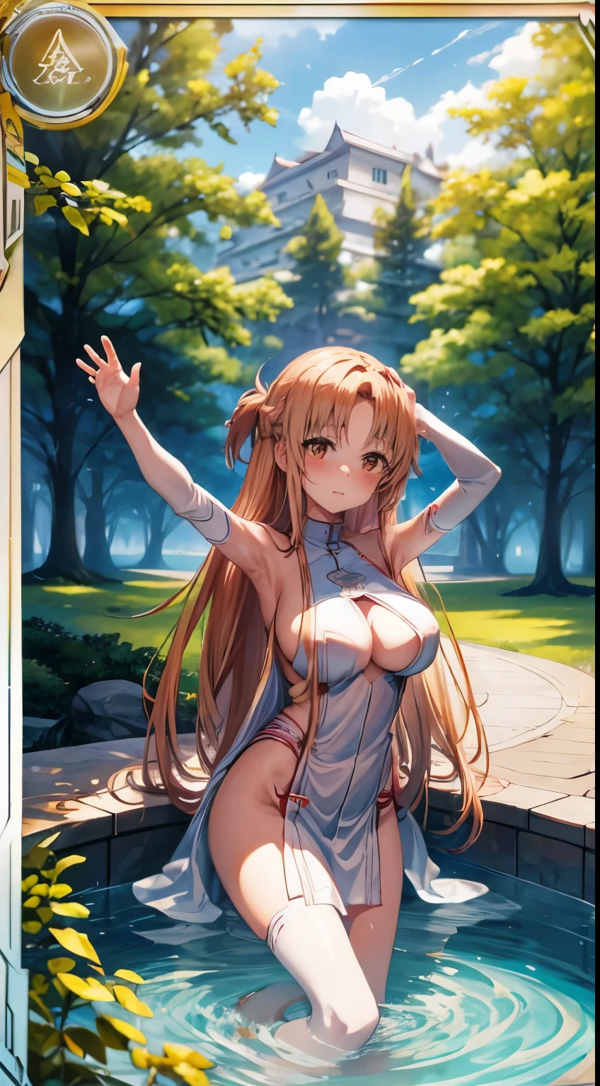 Two Girls, High resolution, Best Photos,Yuuki Asuna , Ultra-precision,、[3D Images:1.35]、[[With high quality anime、Cute Asuna with brown hair and brown eyes:1.15]]、No clothes、Pool, Big Breasts, full naked, naked, Sexy Girls, Raise your hand, Represents medium off armpits,Represents medium ,