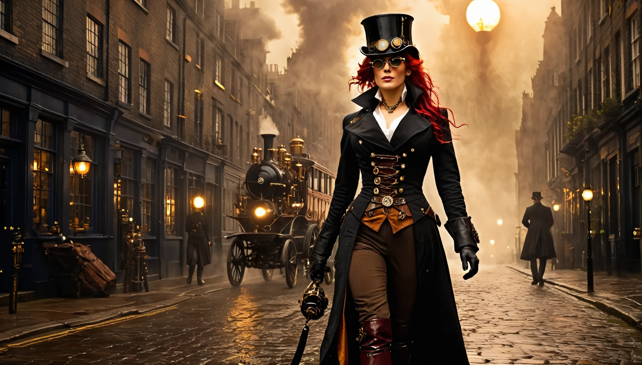 London street in the late 1800s, but with a steampunk twist. Think towering clockwork buildings with smokestacks puffing out steam, gaslight lamps casting an orange glow, and airships gliding silently overhead. Cobblestones slick with rain reflect the gaslight and bustling activity. Character: A beautiful woman with an air of confidence and purpose. Describe her distinct features and steampunk attire. Here are some options: Crimson hair cascading down her shoulders, adorned with gears and a miniature brass monocle perched on one eye. Dressed in a long, flowing coat of worn leather, accented with polished brass buckles and intricate clockwork patterns woven into the fabric. Goggles rest on her forehead, and sturdy riding boots with built-in steam pistons propel her bicycle