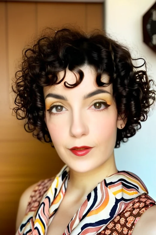 24 yrs woman with a scarf around her neck posing for a picture, curly bangs, curly and short top hair, up face with 1 9 2 0 s hairstyle, short curly hair, french bob, curly pixie cut hair, curly pixie hair, short black curly hair, very short curly hair, curly middle part haircut, \ curly bangs, soft makeup, floral sleeveless dress, eye contact, Soft color, award winning photo, inspired by Martin Schoeller, Film color photo, Hasselblad 500c, Kodak Portra 400, hyperrealistic, close-up wide-angle photography, three quarter body portrait, f1.4, 6:9 120film,
