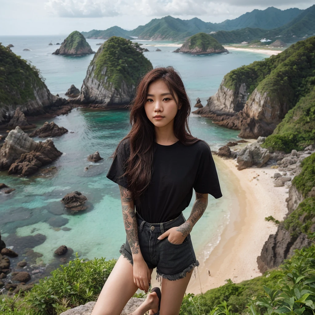 professional photography featuring marine tourism known as "LABUAN BAJO", a Korean beautiful girl with long hair is wearing a black t-shirt, casual shorts, flip-flops, full of tattoos on his arms, standing on a rocky cliff hill, standing on a height with a view of the beach with clear blue-green water below, behind him there are rocky cliffs jutting out into the sea covered in lush green plants, the rocky cliffs seem to form small islands connected to each other by sea water that forms a lake, the sky is partly cloudy creating a calm and beautiful atmosphere. relaxed pose looking at the camera