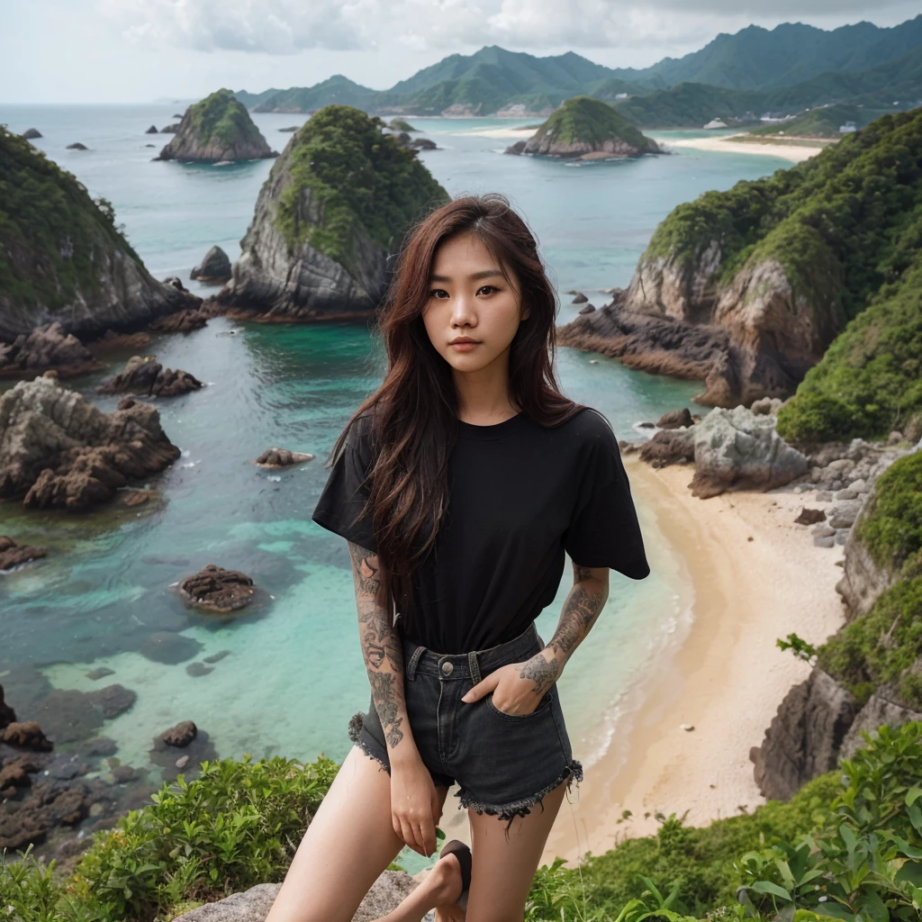 professional photography featuring marine tourism known as "LABUAN BAJO", a Korean beautiful girl with long hair is wearing a black t-shirt, casual shorts, flip-flops, full of tattoos on his arms, standing on a rocky cliff hill, standing on a height with a view of the beach with clear blue-green water below, behind him there are rocky cliffs jutting out into the sea covered in lush green plants, the rocky cliffs seem to form small islands connected to each other by sea water that forms a lake, the sky is partly cloudy creating a calm and beautiful atmosphere. relaxed pose looking at the camera