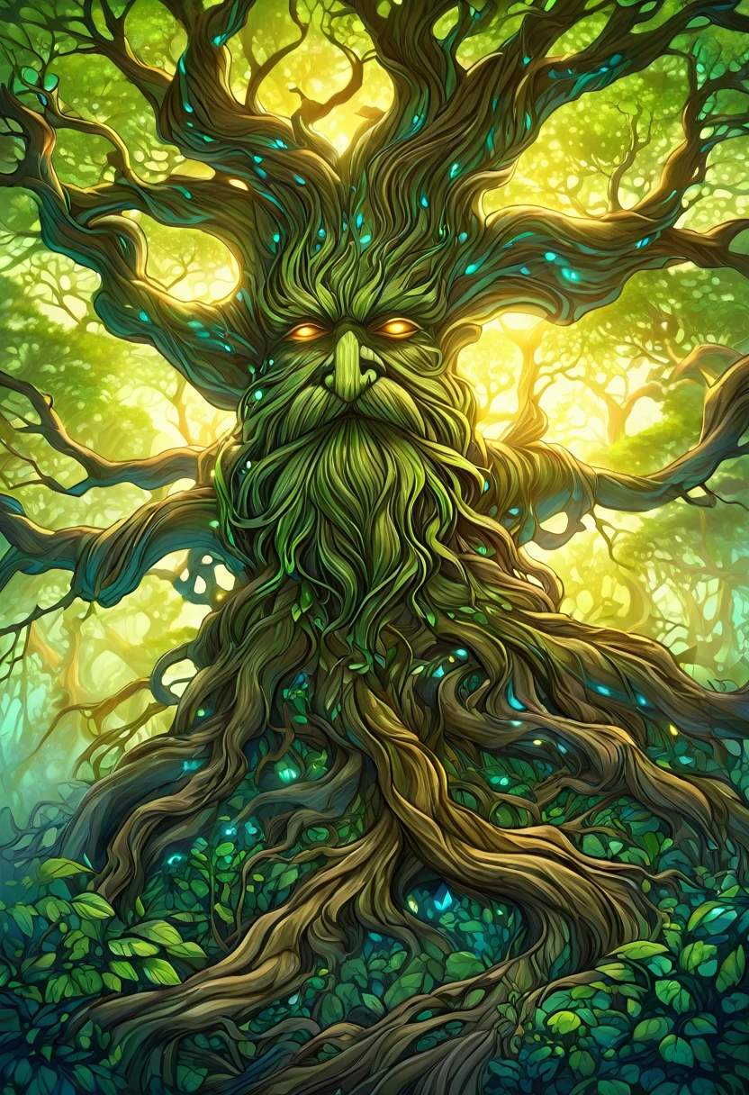 a magical treebeard using nature's power to heal, art nouveau style, ultra-detailed, 8k, highly realistic, dramatic lighting, vivid colors, intricate patterns, organic textures, ethereal atmosphere, fantasy, lush vegetation, glowing magical energy, radiant colors, dramatic shadows and highlights, masterpiece
