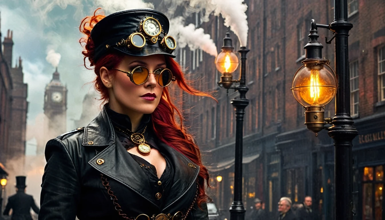 London street in the late 1800s, but with a steampunk twist. Think towering clockwork buildings with smokestacks puffing out steam, gaslight lamps casting an orange glow, and airships gliding silently overhead. Cobblestones slick with rain reflect the gaslight and bustling activity. Character: A beautiful woman with an air of confidence and purpose. Describe her distinct features and steampunk attire. Here are some options: Crimson hair cascading down her shoulders, adorned with gears and a miniature brass monocle perched on one eye. Dressed in a long, flowing coat of worn leather, accented with polished brass buckles and intricate clockwork patterns woven into the fabric. Goggles rest on her forehead, and sturdy riding boots with built-in steam pistons propel her bicycle