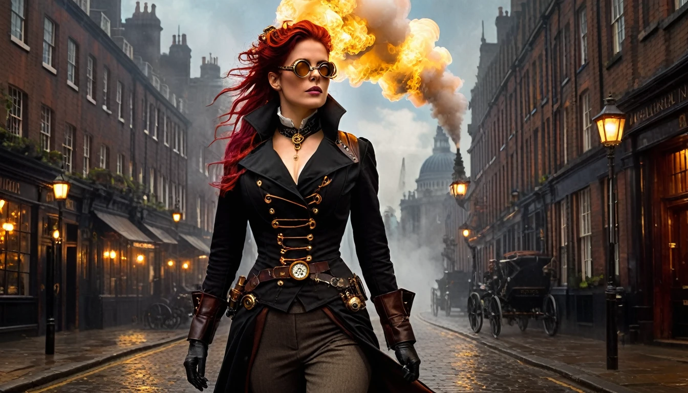 London street in the late 1800s, but with a steampunk twist. Think towering clockwork buildings with smokestacks puffing out steam, gaslight lamps casting an orange glow, and airships gliding silently overhead. Cobblestones slick with rain reflect the gaslight and bustling activity. Character: A beautiful woman with an air of confidence and purpose. Describe her distinct features and steampunk attire. Here are some options: Crimson hair cascading down her shoulders, adorned with gears and a miniature brass monocle perched on one eye. Dressed in a long, flowing coat of worn leather, accented with polished brass buckles and intricate clockwork patterns woven into the fabric. Goggles rest on her forehead, and sturdy riding boots with built-in steam pistons propel her bicycle