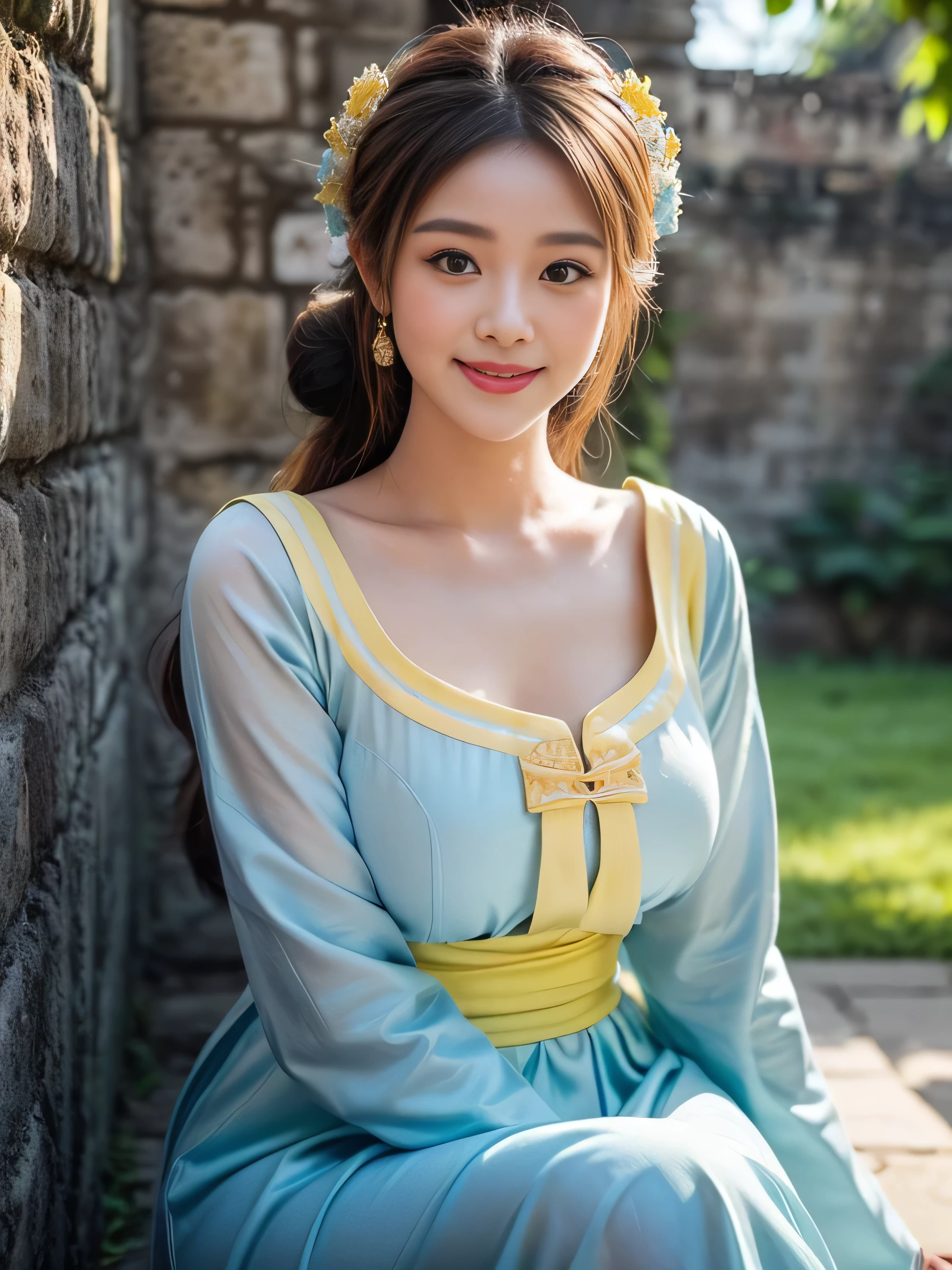 19 years old child, (wearing a light yellow and light blue Thai traditional clothing:1.3), big round breast, ((traditional thai hairstyle:1.2)), (photorealistic:1.2), (ultra realistic:1.3), (very detailed:1.1), ((masterpiece)), (Hand Details:1.4), (blush:1.3), (light smile:1.3), (Chaing Mai old castle walls :1.3), depth of field, pov.