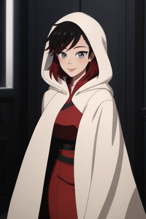 srwby, short hair, black hair, red hair, white cloak, white cape, gradient hair, grey eyes, Solo, 1girl, Looking at viewer, Masterpiece, Best Quality, room, hood up, smile