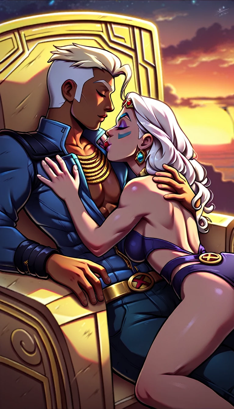 dark haired light skinned muscular james howlett logan wolverine (x-men), kisses, beautiful ororo monroe storm (x-men) white haired dark skinned black african queen beautiful divine regal tantalizing, detailed body, detailed face, futuristic fantasy, throne, godrays, gold jewelry, marble, technology 