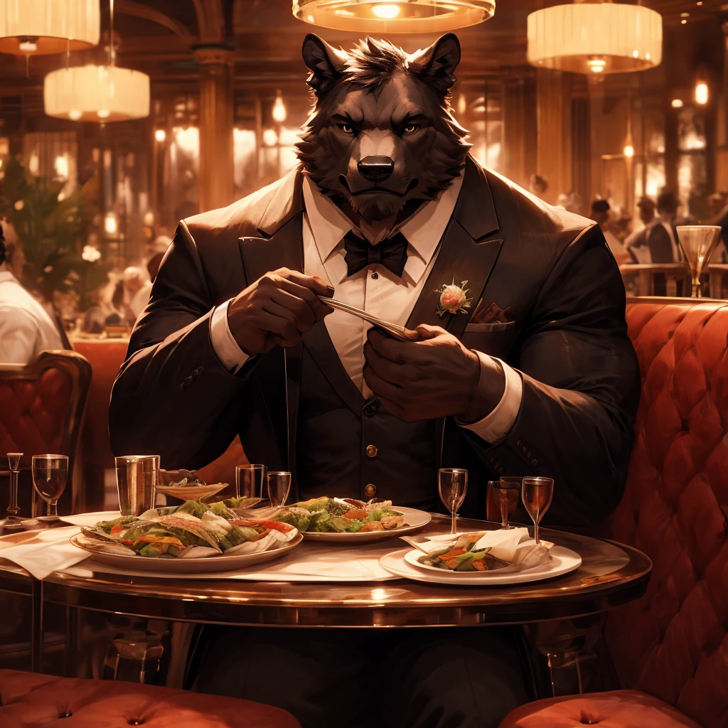 A high-end, clean dining hall with elegant seating and decor, a well-dressed, muscular waiter in a suit holding a menu, waiter, restaurant, interior, luxury, detailed, photorealistic, dramatic lighting, cinematic, 8k, best quality, masterpiece