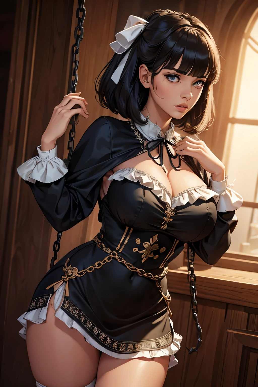 (1 eleven, work of art, best qualityer, ultra detali, Beautiful detailed, (((extreme detailed face))), (((Blunt bangs))), (((big ruffles and ribbon))), mournful look, ( ((short tunic to the thighs))), shoulder length black hair, eyes browns, fine lips, Round face, big breasts with cleavage, waist long, 1.67m by 46kg, standing chained in the dungeon ((chains on hands and neck)) dramatic scene