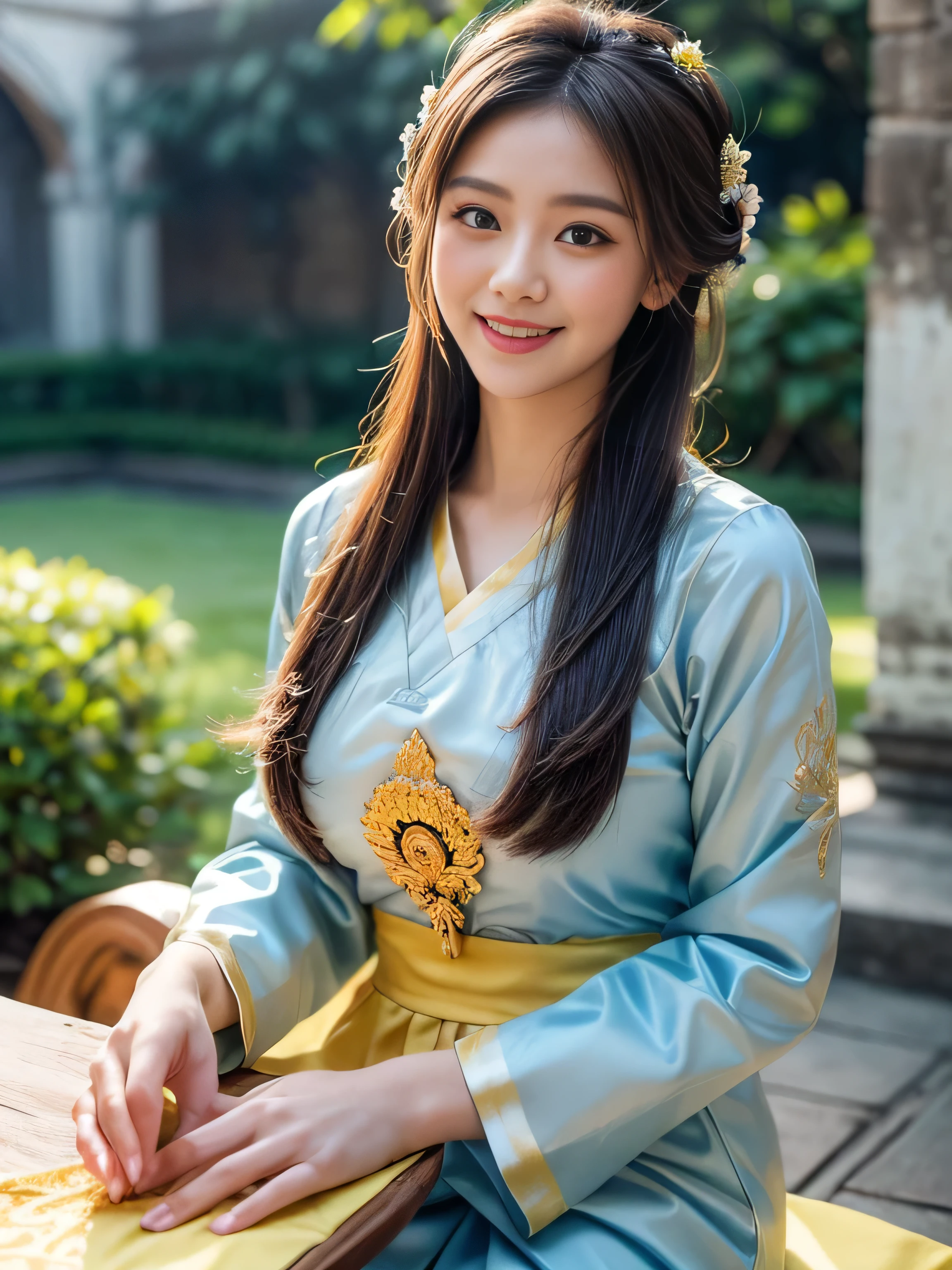 19 years old child, (wearing a light yellow and light blue Thai traditional clothing:1.3), big round breast, ((traditional thai hairstyle:1.2)), (photorealistic:1.2), (ultra realistic:1.3), (very detailed:1.1), ((masterpiece)), (Hand Details:1.4), (blush:1.3), (light smile:1.3), (Chaing Mai old castle walls :1.3), depth of field, pov.