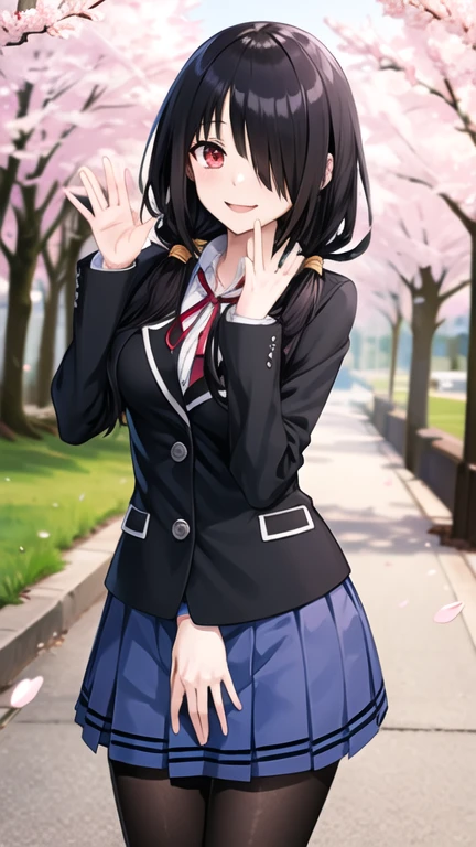masterpiece, best quality, highres, 1girl, bbkurumi, long hair, hair over one eye, low twintails, school uniform, black jacket, pleated skirt, blue skirt, black pantyhose, standing, outdoors, cowboy shot, smile, cherry blossoms, waving,