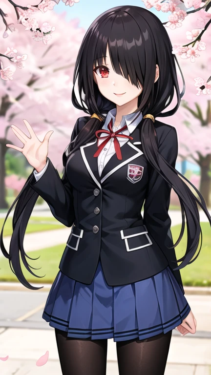 masterpiece, best quality, highres, 1girl, bbkurumi, long hair, hair over one eye, low twintails, school uniform, black jacket, pleated skirt, blue skirt, black pantyhose, standing, outdoors, cowboy shot, smile, cherry blossoms, waving,