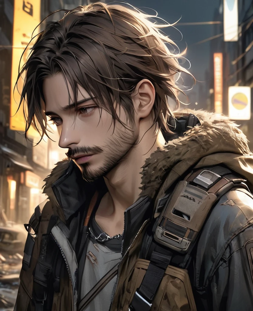 masterpiece, best quality, realistic, 1man, quiet young man, 21 years old, background: city at night, shoulder length hair, dark brown hair, skinny, full stubble facial hair, medium hair, unkempt appearence, messy hair, masculine features, toned but thin, stubble facial hair, looking worn down, caucasion, white boy, facial hair, stubble, beard stubble, not muscular, kevlar armor, post-apocalyptic, Post-apocalypse, doomsday wasteland style