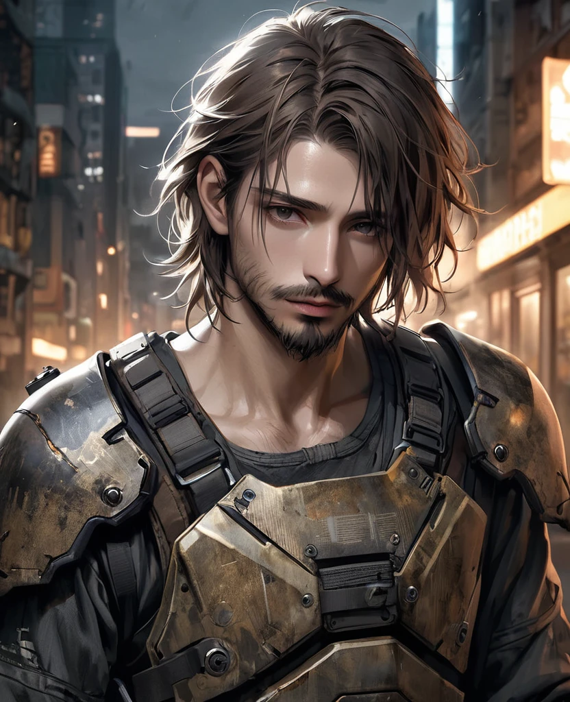 masterpiece, best quality, realistic, 1man, quiet young man, 21 years old, background: city at night, shoulder length hair, dark brown hair, skinny, full stubble facial hair, medium hair, unkempt appearence, messy hair, masculine features, toned but thin, stubble facial hair, looking worn down, caucasion, white boy, facial hair, stubble, beard stubble, not muscular, kevlar armor, post-apocalyptic, Post-apocalypse, doomsday wasteland style