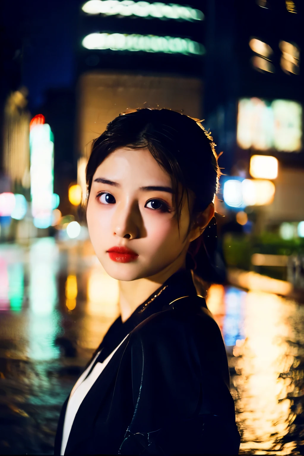 ((Highest quality)), ((masterpiece)), (Cinematic aesthetics:1.4) Bokeh city night photo of beautiful Korean fashion model