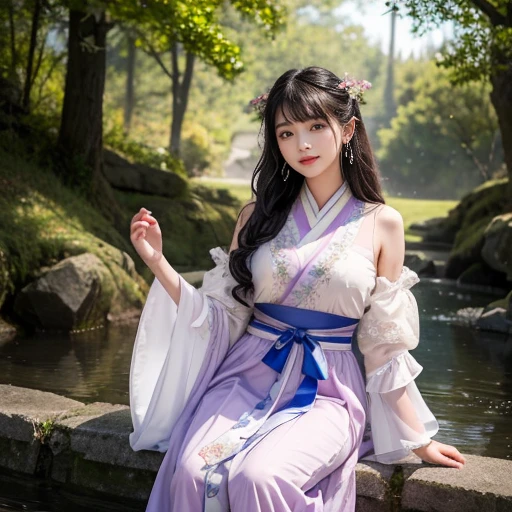 best quality, Delicate face,beautiful visual work, lifelike, eternity, black hair, Long curly hair, blunt bangs, Smile, Detailed Background, Delicate face,blush,cold,((masterpiece))、(top quality)、8k、high detail、Super detailed,21 years old female,身穿唐制Hanfu、waist skirt, Clothes are light and fluffy,Hanfu, wide sleeves, Transparent sleeves, Tunic, Clothes made of chiffon, Seductive and whimsical style、masterpiece、born、Scenes resembling fairy tale illustrations、intricate details和複雜的設計、Beautifully、magic、capricious、 Beautifully、Dream aesthetics、「𝓡𝓸𝓶𝓪𝓷𝓽𝓲𝓬、ethereal、charming、fickle、magic」、realism、Visual effects、FXAA、SSAO、Shader、voiceless、ambient lighting、Tone mapping、High resolution、Ultra high quality、Million pixels、(8K resolution:1.10)、8k、8k以下、8K resolution、high detail、intricate details, (high quality:1.2、masterpiece:1.2、:1.21)、(21 years old female:1.21)、(興奮地Smile)、(被dream般的氛圍所包圍、Model diagram,full-body shot,Normal 2 feet,Put your hands behind you,The protrusion of the breast is visible when wearing clothes, Large Breasts, H cup chest, antiquity, Xian Xia, gauze clothes, Soft and fluttering, Fairy, dream, fantasy, light, Elegant, nature, Immortal, romantic, classical, ribbon, light purple clothes, By the stream