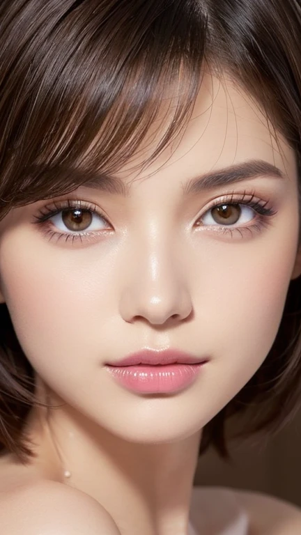 High resolution portrait of a woman in her mid twenties featured in a fashion magazine。Symmetrical, heart-shaped facial features、Have clear, smooth skin and a radiant complexion。The facial features are well defined、High cheekbones、Straight nose、Characterized by plump lips。The eyes are large and expressive、have perfectly groomed eyebrows。((Her hair is a shaggy pixie cut、Has a soft texture around the face))。The makeup is elegant yet sophisticated.、Full coverage foundation、Rose pink blush、Sharp contouring、smokey eye shadow、Gold highlights、Uses deep red lipstick。The background is simple and elegant.、The focus is on her face.。The lighting is soft and inviting、Enhance her features、It gives a glamorous impression。