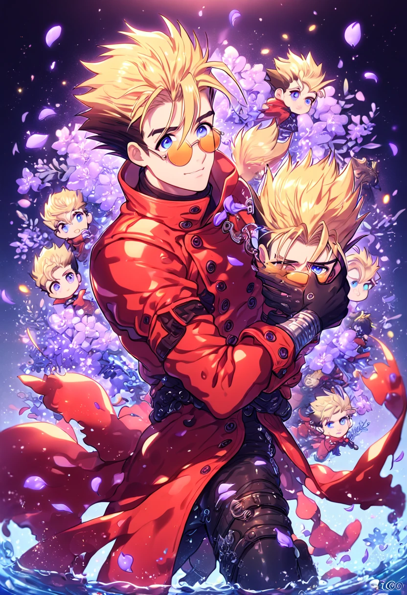 Ultra detailed, HDR, Highres, absurdres, master piece, Vash Stampede, spiked blonde hair, expressive blue eyes, amber sunglasses, red trench coat, black gloves, Trigun, sexy man, handsome, purple flowers, petals, fantasy, magical, purple leaves, handsome, best quality, glittering, manly man, sensual, horny, erotic, water, purple shining fireflies,