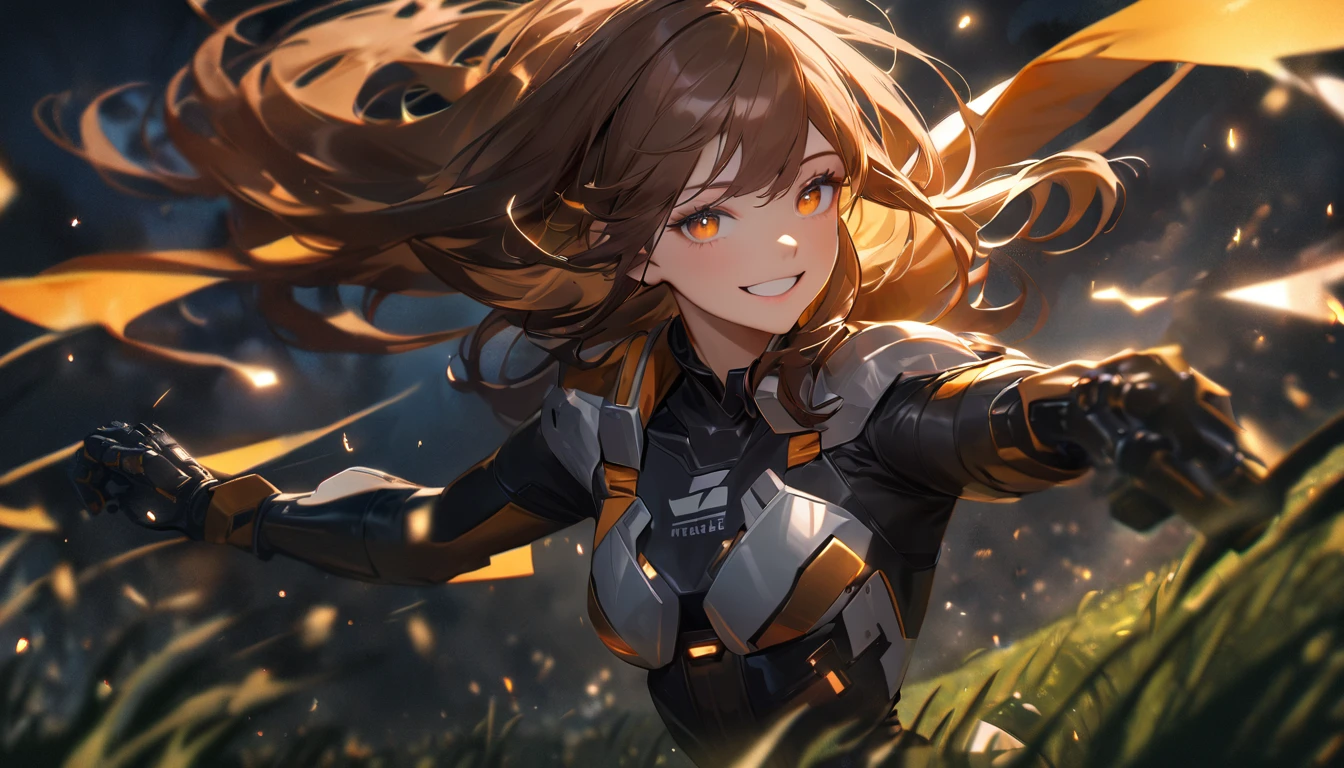 (Super detailed, ultra hd, 8k, best quality, masterpiece, super realistic, realistic light) girl, mecha hand, future suit, long hair, brown hair, orange eye, detailed eye, perfect face, standing, smiling, charging (night, field,  smile environment)