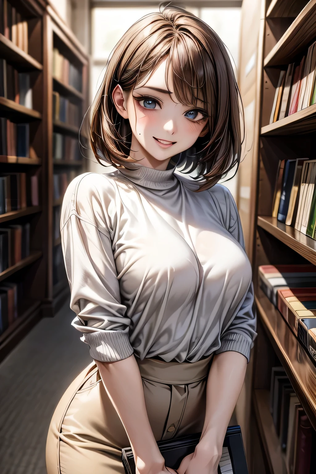 Photorealism, Highest quality, Ultra-high resolution, photograph, Exquisitely beautiful photograph, Extraordinary beauty, Shining Cheeks, Perfect body, Biologically accurate, Beautiful facial details, Glowing White Skin, Between the eyebrows, Beautiful glossy hair, Smooth Hair, Thin Hair, High resolution eyes, beautiful, Bright and transparent, big, Attractive eyes, eyeliner, double eyelid, beautiful feet, Cowboy Shot:1. 3, (1 female), 44 years old, 1 person, (blush), (Captivating smile:1.2), ((beautiful girl:1.3)), (Shiny bob hair), (Light brown hair:1. 2), (Sweatshirts), (stylish check skirt), Big Breasts, ((bookstore)), ((Stand in front of a bookshelf))