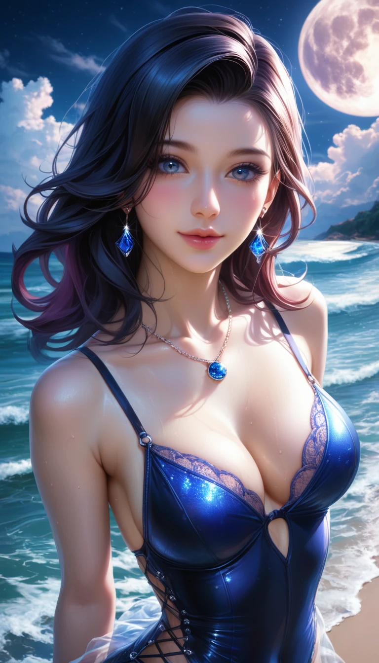 score_9, score_8_superior, score_7_superior, A masterpiece in 32K resolution,Highest quality,it is really amazing,Very detailed,Ultra-high resolution,Ultra-realistic,Realistic,Increased depth of field,Cinematic lighting,
Elegant Japanese woman,
black straight medium hair,Ultra-detailed and beautiful face,Gentle expression,Translucent white skin,Realistic skin texture,
Sexy Swimwear,
Bold design,Artistic design,Beautiful and detailed pattern,Detailed fabric texture,
Gorgeous necklace,Earrings,
Coastline at night,Giant Moon,Dark clouds floating in the dark night sky,
High angle,