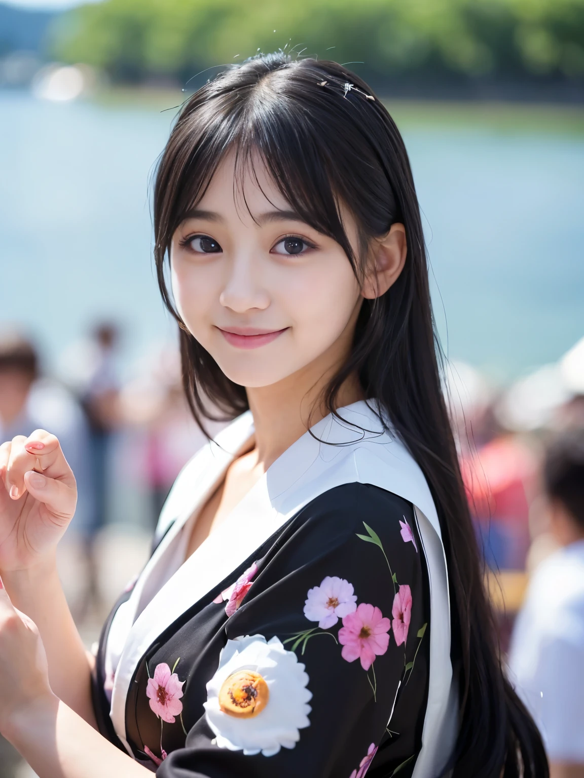 (Best-quality, Masterpiece, Ultra-High-Resolution, (Photorealistic:1.7), Raw Photo, depth of field, professional lighting, perfect anatomies, extremely details), (((Magnificent view):1.3)), (1girl, the most famous 15-years-old Japanese-idol, having fun at Japanese-summer-festival), (wearing summer-kimonos), ((extremely cute and extremely realistic face like the most popular Japanese-idol), (((extremely cute and extremely big black-eyes))), extremely cute lips, extremely cute long-eyelashes, ((extremely cute and extremely realistic skins))), (((innocent smile))), (((extremely beautiful hair)))