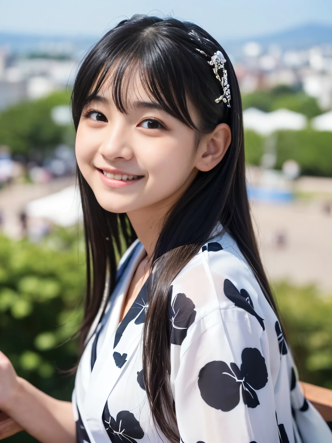 (Best-quality, Masterpiece, Ultra-High-Resolution, (Photorealistic:1.7), Raw Photo, depth of field, professional lighting, perfect anatomies, extremely details), (((Magnificent view):1.3)), (1girl, the most famous 15-years-old Japanese-idol, having fun at Japanese-summer-festival), (wearing summer-kimonos), ((extremely cute and extremely realistic face like the most popular Japanese-idol), (((extremely cute and extremely big black-eyes))), extremely cute lips, extremely cute long-eyelashes, ((extremely cute and extremely realistic skins))), (((innocent smile))), (((extremely beautiful hair)))
