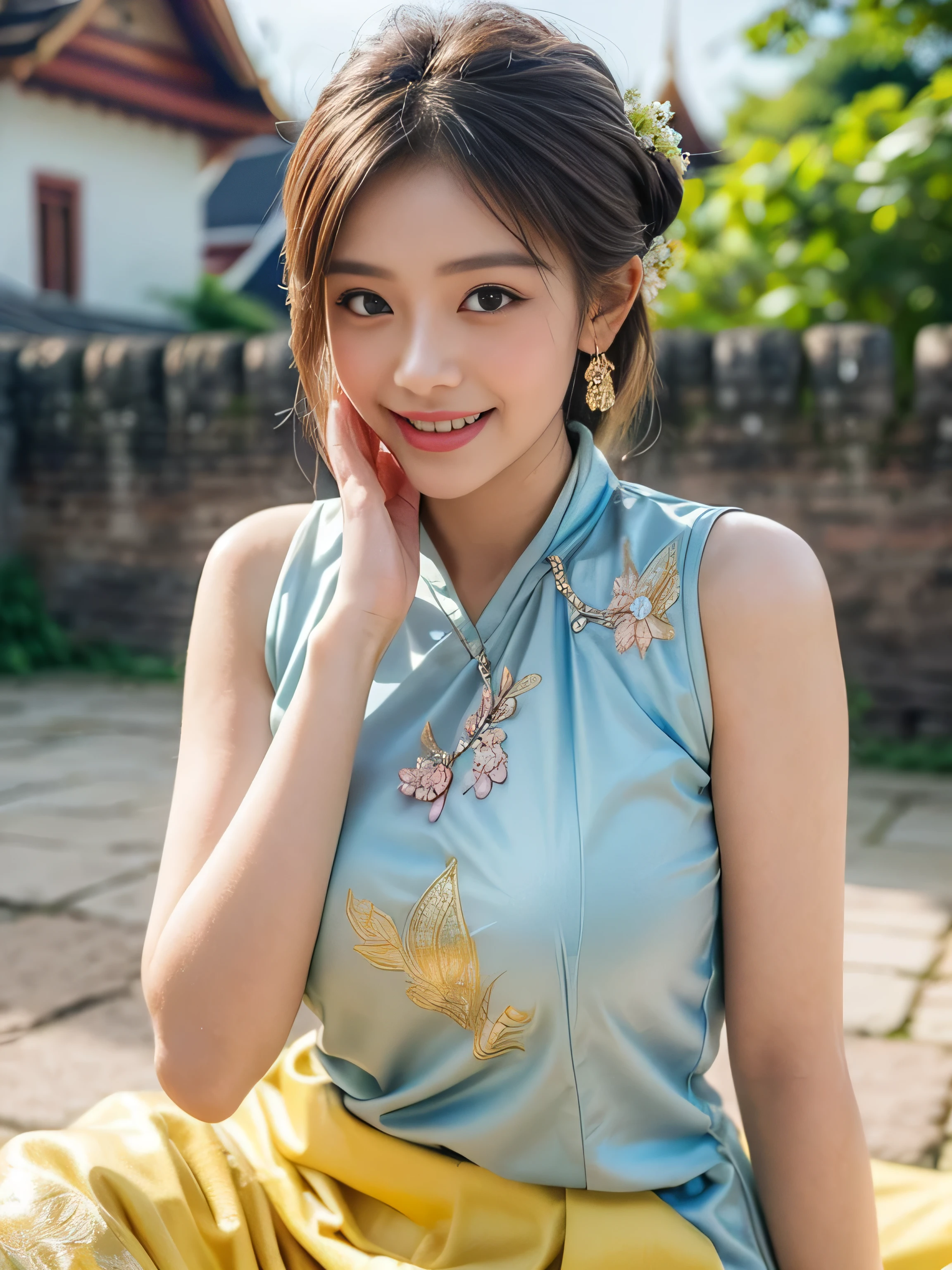 19 years old child, (wearing a light yellow and light blue Thai traditional clothing:1.3), big round breast, ((traditional thai hairstyle:1.2)), (photorealistic:1.2), (ultra realistic:1.3), (very detailed:1.1), ((masterpiece)), (Hand Details:1.4), (blush:1.3), (light smile:1.3), (Chaing Mai old castle walls :1.3), depth of field, pov.