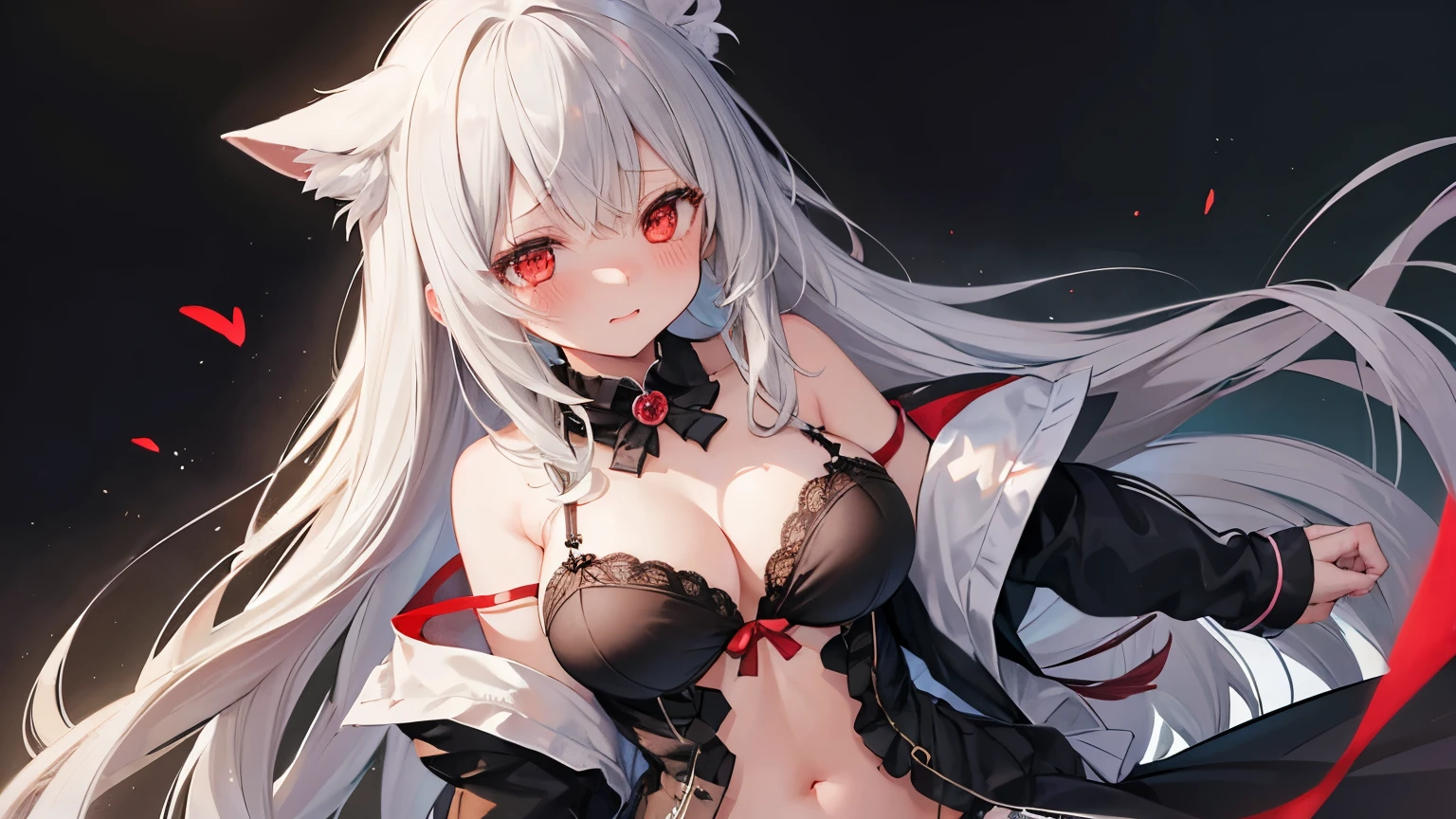 One Girl、Gray Hair、Long Hair、Straight Hair、Red eyes、Embarrassed、blush、Big Breasts、valley、Black Background、Yandere、Insanity、Composition from below、Palpitate、Excited、Take off your clothes、underwear、lingerie