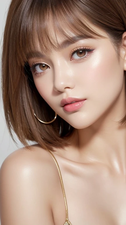 High resolution portrait of a woman in her mid twenties featured in a fashion magazine。Symmetrical, heart-shaped facial features、Have clear, smooth skin and a radiant complexion。The facial features are well defined、High cheekbones、Straight nose、Characterized by plump lips。The eyes are large and expressive、have perfectly groomed eyebrows。((Her hair is a shaggy pixie cut、Has a soft texture around the face))。The makeup is elegant yet sophisticated.、Full coverage foundation、Rose pink blush、Sharp contouring、smokey eye shadow、Gold highlights、Uses deep red lipstick。The background is simple and elegant.、The focus is on her face.。The lighting is soft and inviting、Enhance her features、It gives a glamorous impression。