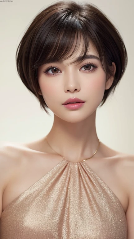 High resolution portrait of a woman in her mid twenties featured in a fashion magazine。Symmetrical, heart-shaped facial features、Have clear, smooth skin and a radiant complexion。The facial features are well defined、High cheekbones、Straight nose、Characterized by plump lips。The eyes are large and expressive、have perfectly groomed eyebrows。((Her hair is a shaggy pixie cut、Has a soft texture around the face))。The makeup is elegant yet sophisticated.、Full coverage foundation、Rose pink blush、Sharp contouring、smokey eye shadow、Gold highlights、Uses deep red lipstick。The background is simple and elegant.、The focus is on her face.。The lighting is soft and inviting、Enhance her features、It gives a glamorous impression。