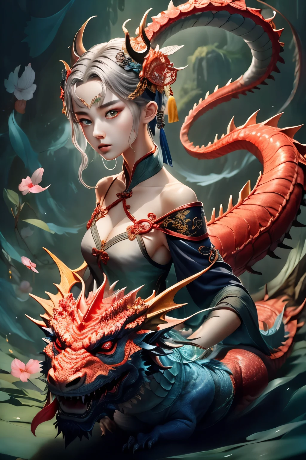 masterpiece, 最OK质量,Chinese Fairy, 1 Girl\(Change\) and the iris red dragon, Chinese dragon pan glared at the girl, OK, Dark gray background,