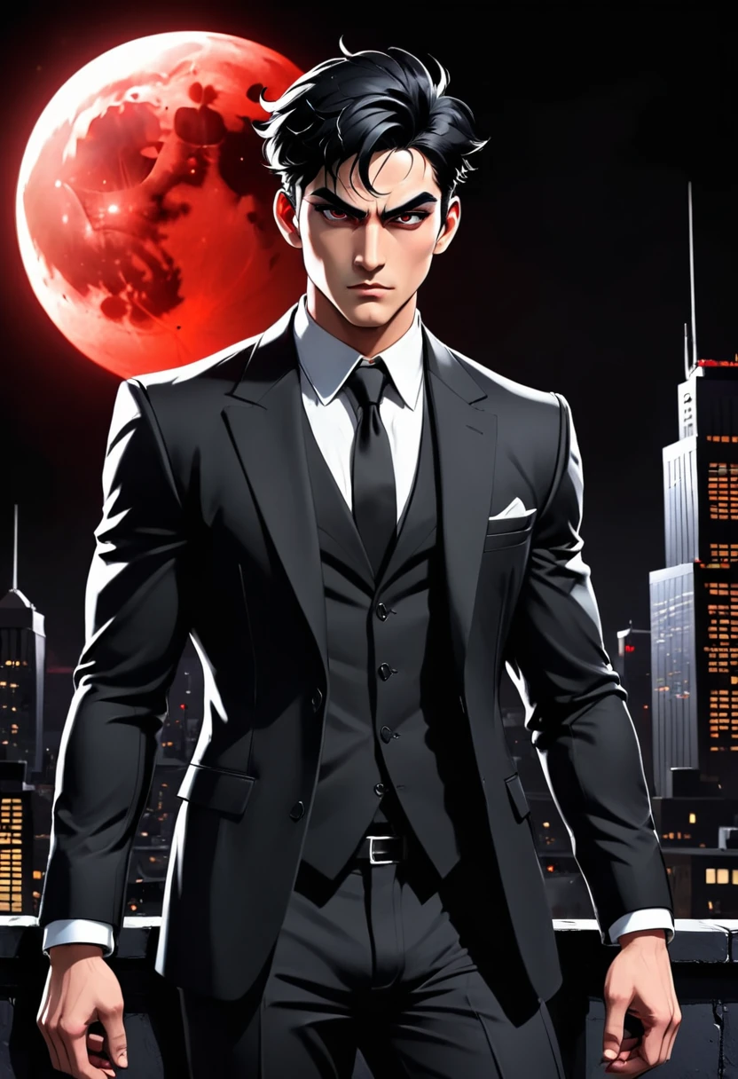 1 men, about 28 years old, Eyes red, serious body, well defined and muscular, short messy black hair, mobster, wearing a black suit, black backdrop, over the city moon